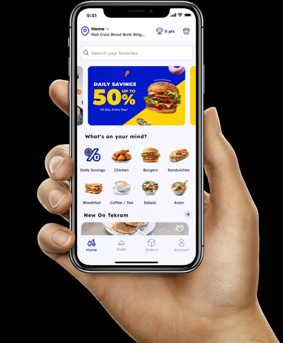 The Tekram app's home screen in a hand: daily savings, food categories and new restaurants